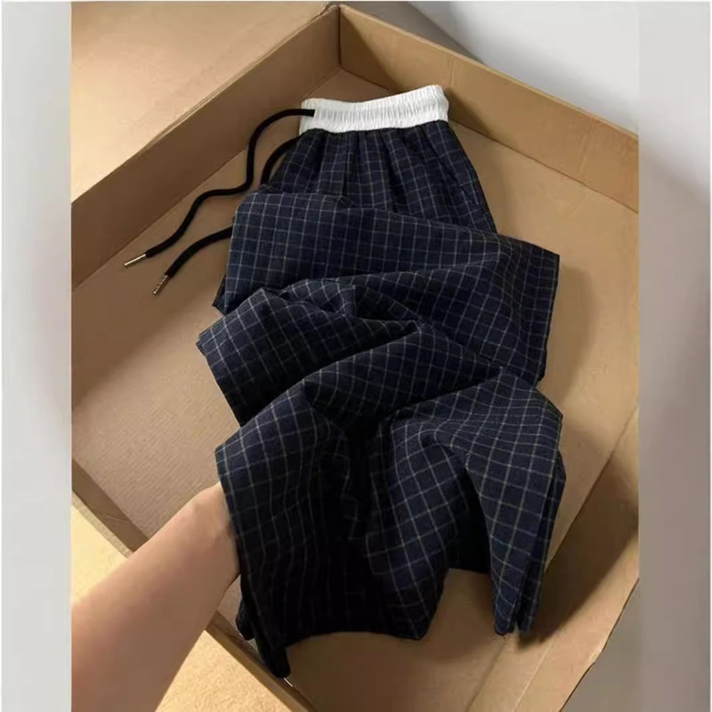 Retro Contrast Plaid Casual Pants for Women in Autumn and Summer New High-waisted Straight Slim Wide-leg Pants Black Design Pants