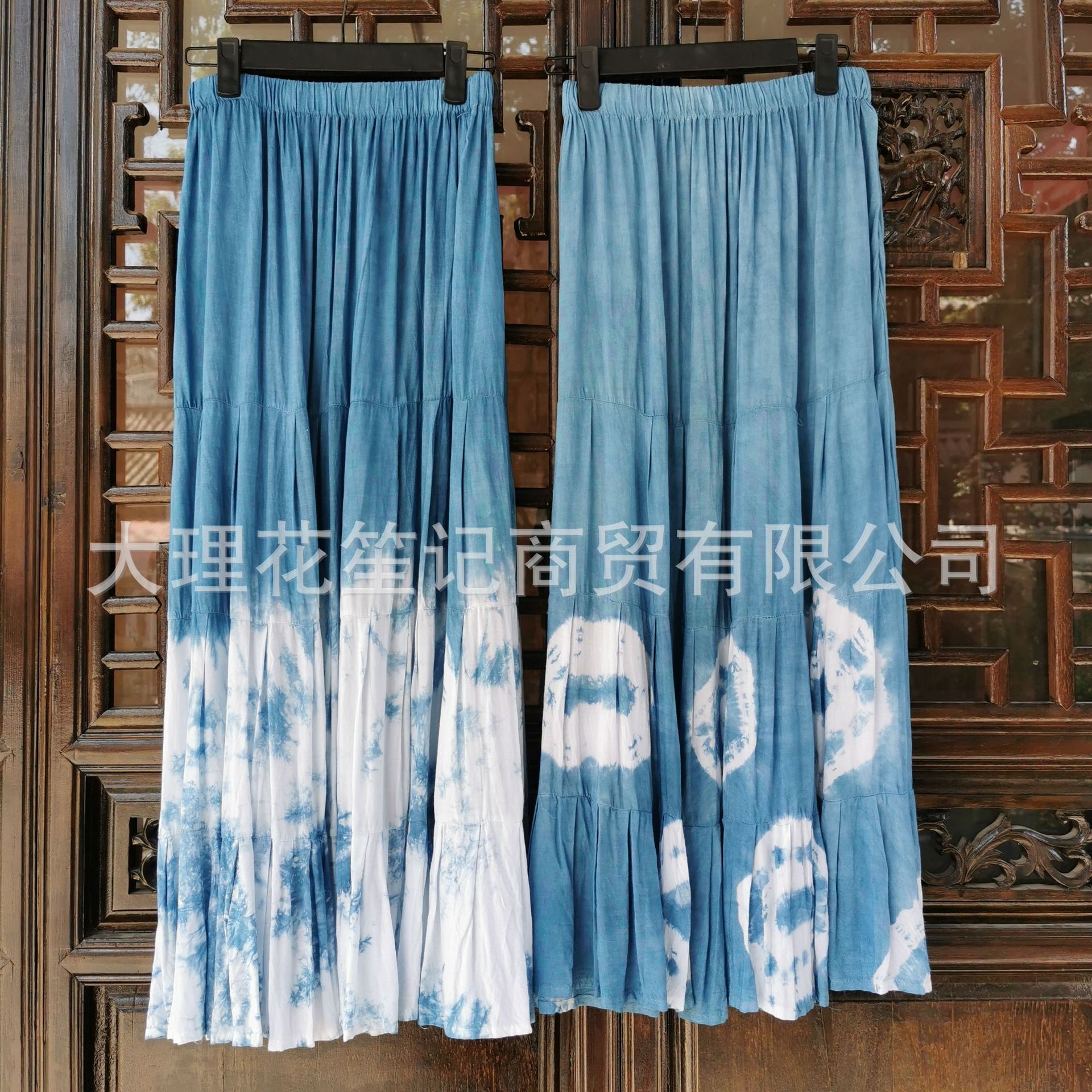 Yunnan Dali Bai Handmade Tie-Dyed Large-Swing Skirt Multicolor Hand-made Grass and Wood Blue-dyed Long Skirt Artistic A- word Spliced Skirt