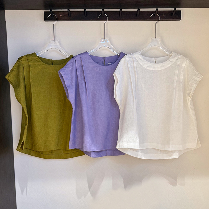 Sud町 100% Linen Commuter Versatile Simple Round Neck Top Women's Accordion Pleat Small Flutter Sleeve Full Linen Shirt Sud町 100% Linen Commuter Versatile Simple Round Neck Top Women's Accordion Pleat Small Flutter Sleeve Full Linen Shirt