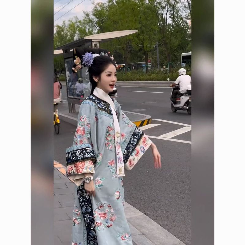 清朝婦人服、中国風漢服、清朝チャイナドレス、旗服、格子服、新中国風宮殿風プリント2点セット|undefined