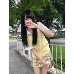 Small apricot medium/original school supply sense jk plaid skirt A- shaped skirt women's basic shirt knitted vest plaid skirt set