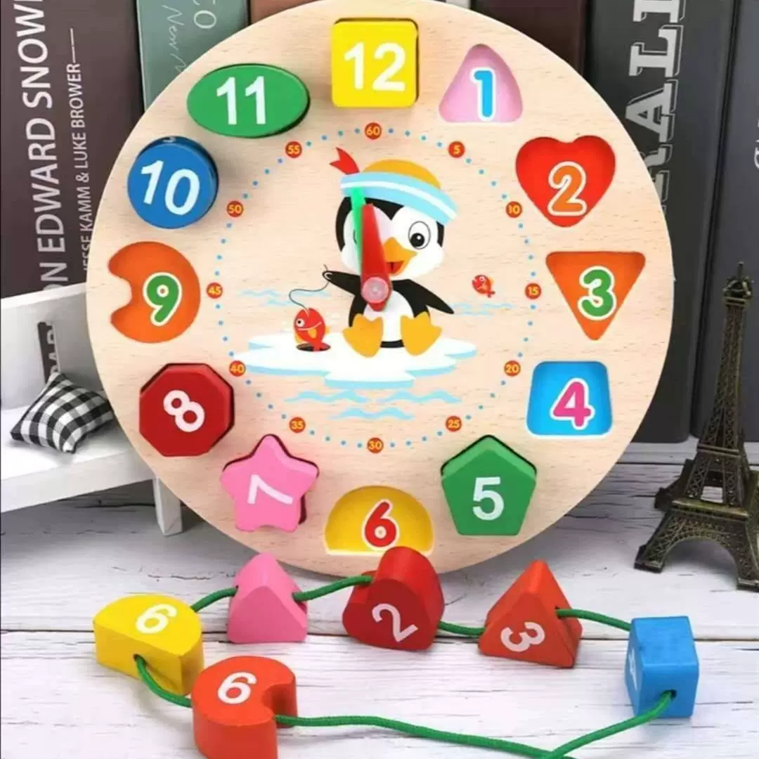 儿童木质数字串珠企鹅时钟 幼儿形状配对认识闹钟益智木制玩具