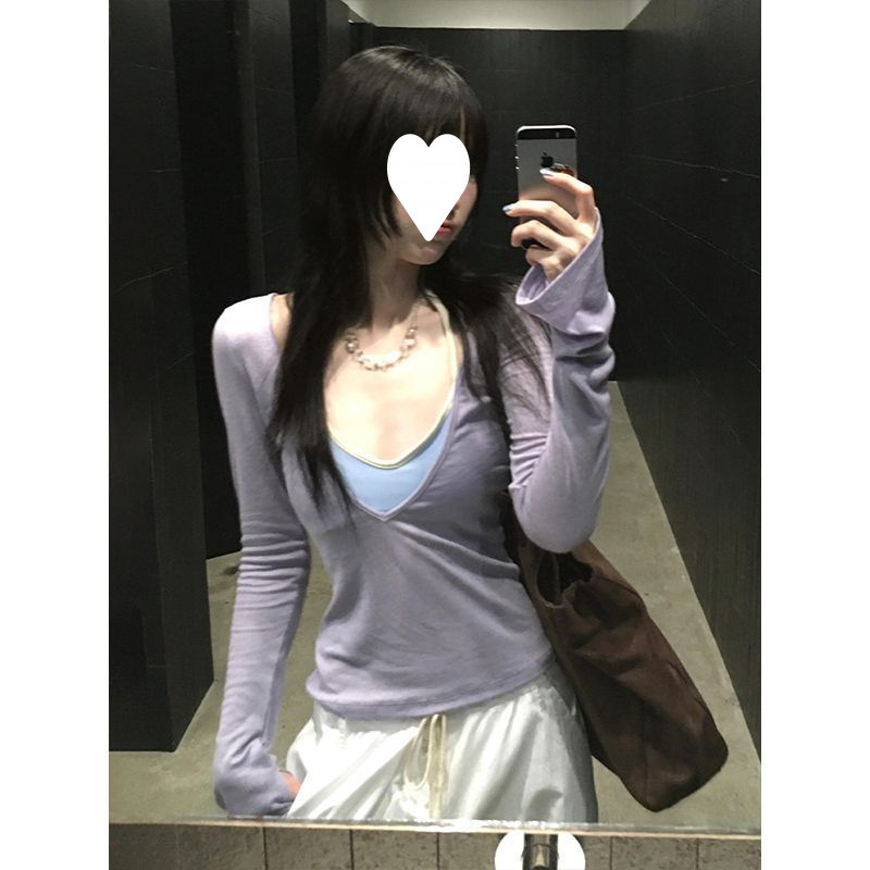 气质辣妹风大领口设计感紫色T恤女2025新款修身显瘦百搭长袖上衣|undefined