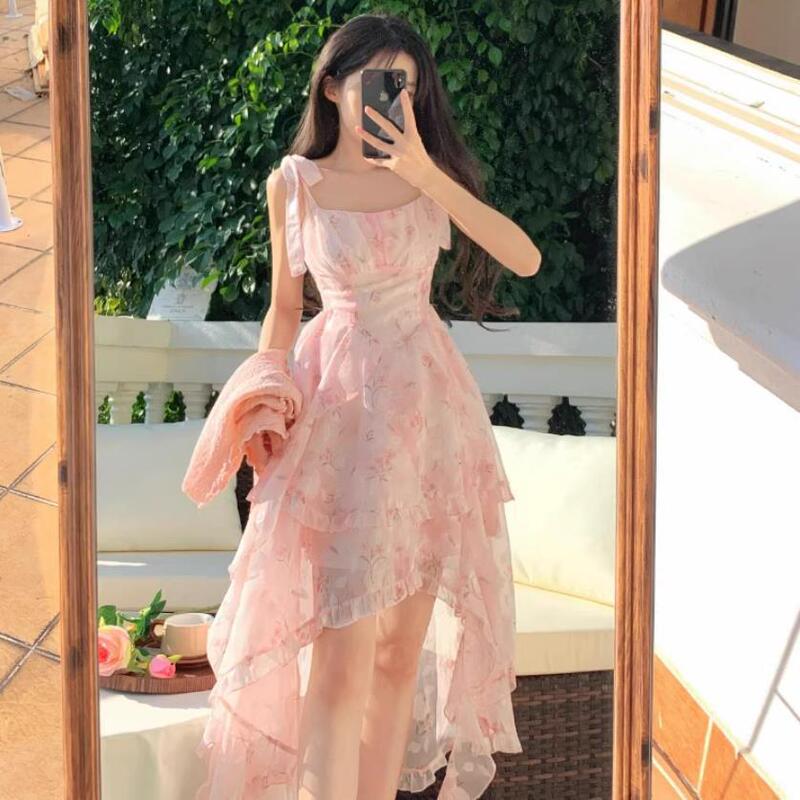French-Style Tea Break Sweet Floral Strap Dress for Women, Summer 2026 New Model, High-End Irregular Trailing Fairy Dress French-Style Tea Break Sweet Floral Strap Dress for Women, Summer 2026 New Model, High-End Irregular Trailing Fairy Dress