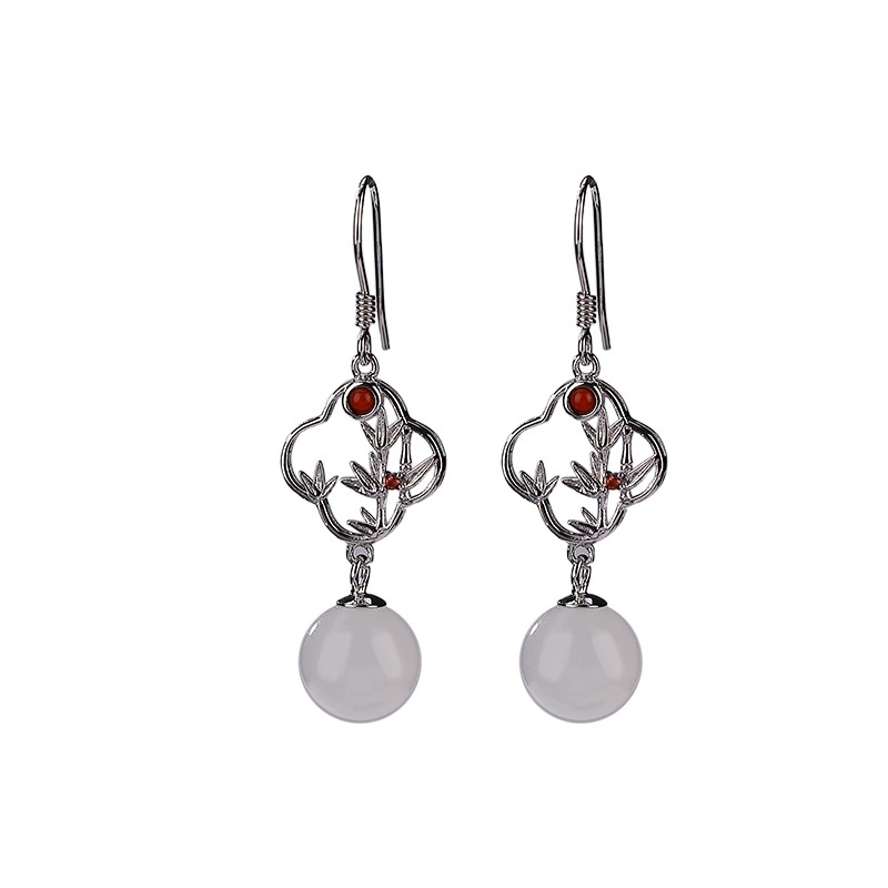 壹鹿银 Platinum bamboo earrings from Khotan district white jade, silver 925 sample, four-leaf clover, bright catchy style