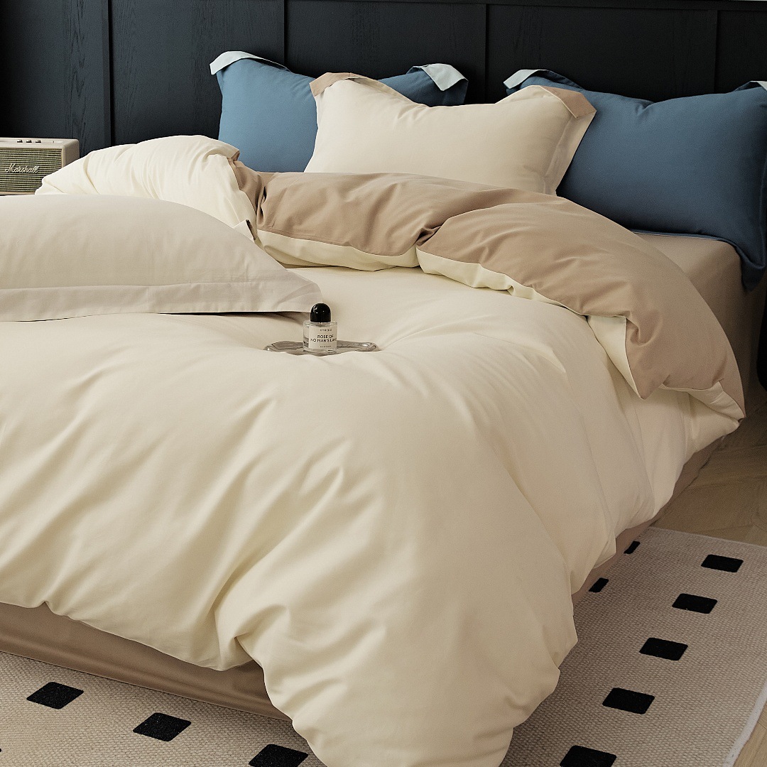Ensemble quatre pièces automne-hiver en coton épais à fibres longues brossées, housse de couette et drap-housse en pur coton, couleur unie, simple._voghion.com
