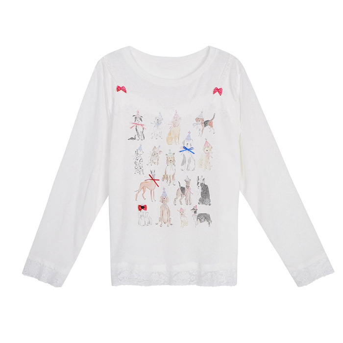 自宅工場現物レース子犬プリント長袖tシャツ女性2025春新型日焼け止め上着潮|undefined