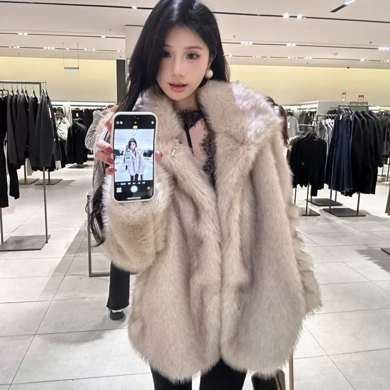 跨境批发代发2025新款海宁韩系狐狸人造皮草毛毛外套棉服女冬毛领