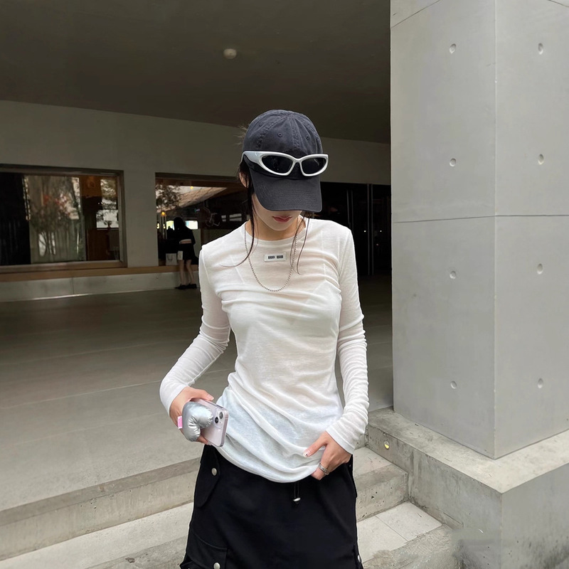 Original Development! Shenzhen Nanyou Miao Series White Thin Long-Sleeve T-Shirt Pullover with Letter Embroidery and Strong Twist Base Shirt