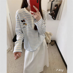 017秋季2025新款松弛感宽松上衣长袖条纹卡通打底衫女士T恤中长款