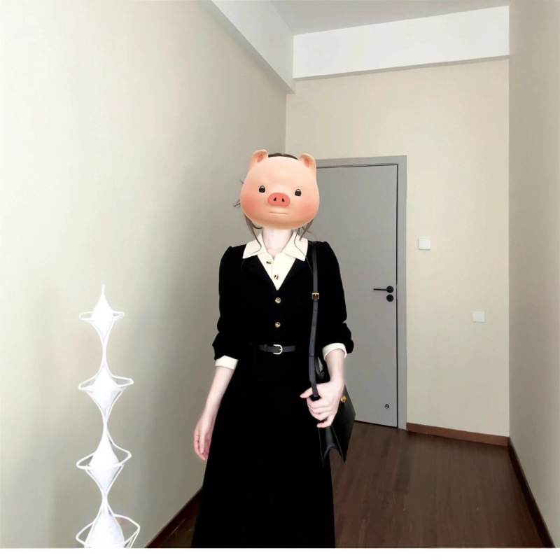 法式高级感黑色polo领衬衫连衣裙子女2025新款秋冬穿搭假两件长裙|undefined