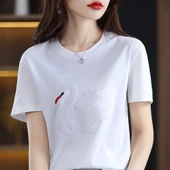80本のシルク綿tシャツ女性23夏の新しい刺繍半袖100綿の修身が痩せている上着半袖tシャツ