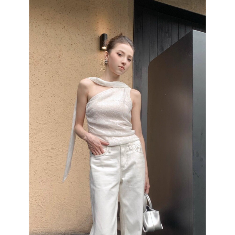 白色斜肩无袖单肩小吊带女夏巨好看的背心短款外穿不规则飘带上衣|undefined