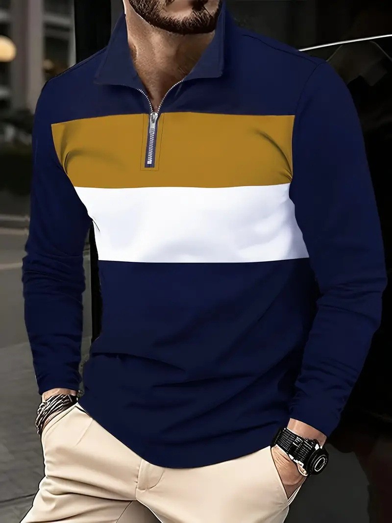 Transfronterizo tamaño europeo primavera otoño retro moda hombre cremallera con solapa de manga larga diseño de tendencia de temperamento jersey