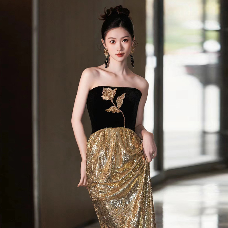 Evening Dress French Strapless Elegant Adult Ceremony Birthday Banquet Long Dress Black Gold Shiny Bride Wedding Toast