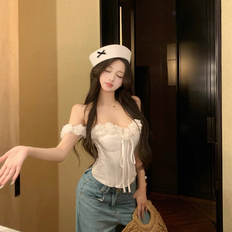 纯欲风辣妹蕾丝花边无袖背心女夏季新款修身显瘦白色抹胸鱼骨上衣|undefined