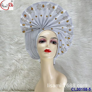 African-style applique with large flash diamond coarse embroidery jacquard pleated woven turban auto gele