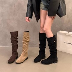 韩系2025秋季新款复古尖头瘦瘦绒面褶皱堆堆靴高筒长靴女骑士靴子