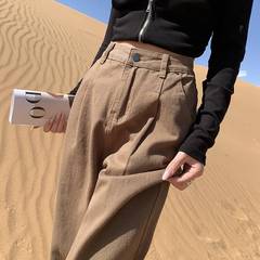 批发代发高腰牛仔裤女春秋宽松直筒萝卜老爹裤大码哈伦裤咖色潮