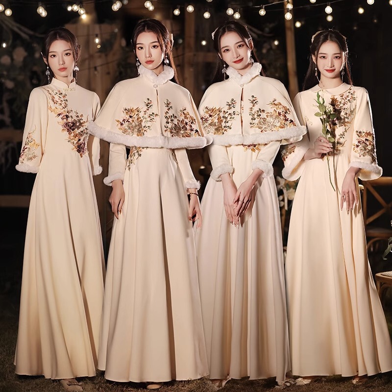 Chinese-Style Bridesmaid Dresses 2026 New Winter Model Long-Sleeve Fleece-Lined Thickened Warm Sisterhood Dresses Bridesmaid Group Dresses for Women Winter Season