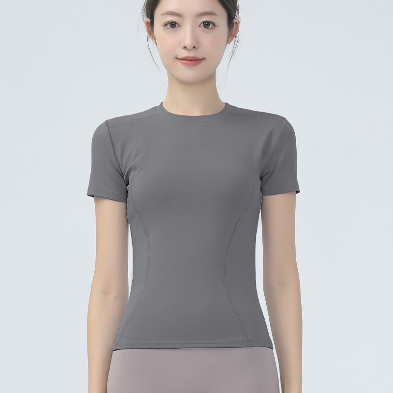 女性のヨガウェア半袖タイトフィット痩身フィットネストップヌード高弾性スポーツランニングTシャツピラティスフィットネスウェア|undefined