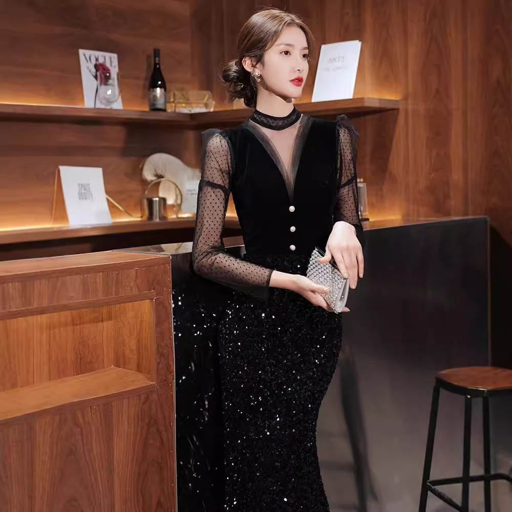 Nuevo Vestido de Noche Negro 2025 con Estilo Elegante, Ideal para Banquetes, Estilo Sirena, Vestido para Actuaciones Vocales, Manga Larga, Apto para Anfitrionas, con un Temperamento Refinado.