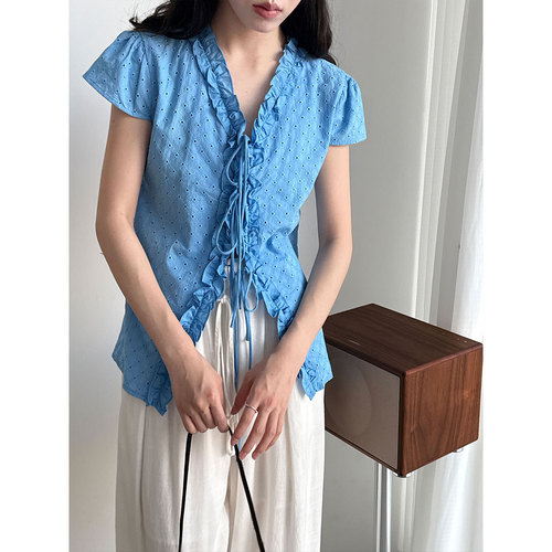 Lushi French Sweet Ruffled V-neck Short-sleeved Women's Summer New Lace Embroidery Tie-up Shirt Blouse 0842 