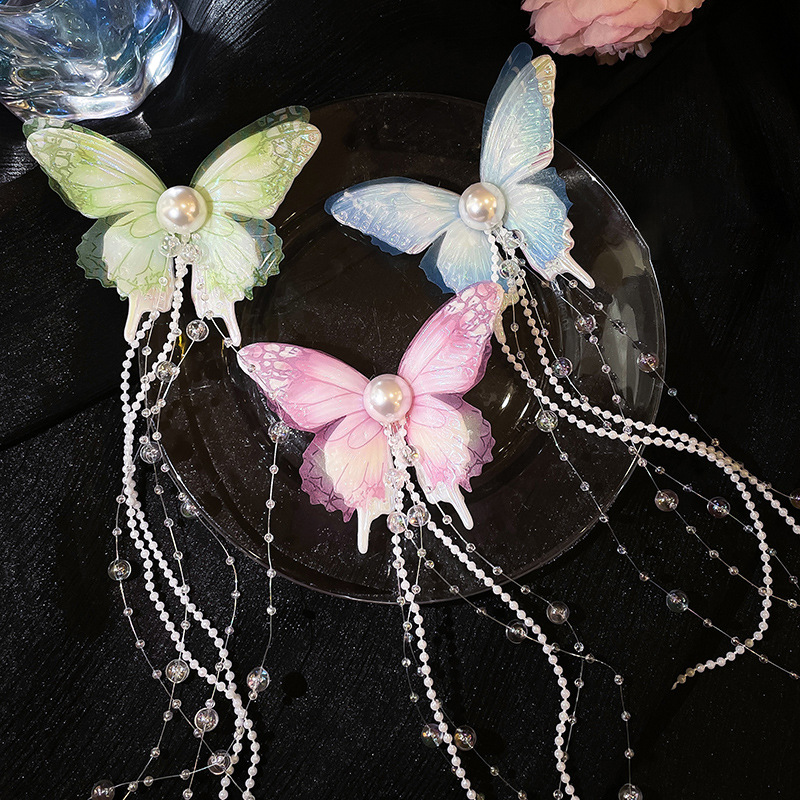 Hilo de red de súper hadas, pinza para el cabello con borla de perlas de mariposa, clip de pico de pato salvaje de moda, ambiente de bosque, temperamento, accesorios para el cabello al por mayor