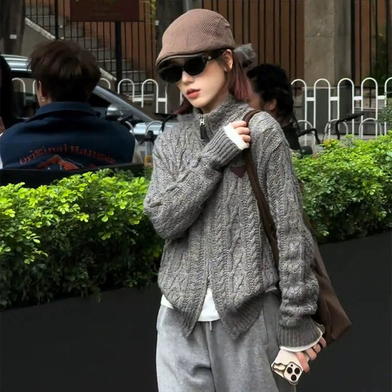100% Wool Cardigan with Heavy Cable Knit for Women, Pure Wool Sweater with Stand Collar, Thick Knit Sweater Coat for Autumn
