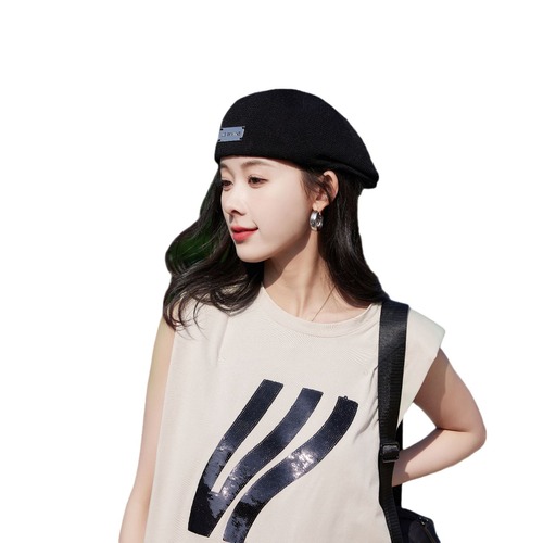 Summer Style Metal Label Cute Beret Hat for Friends' Gatherings, Fashionable and Versatile, Makes Face Look Smaller, Can Be Worn Upside Down as a Fisherman Hat