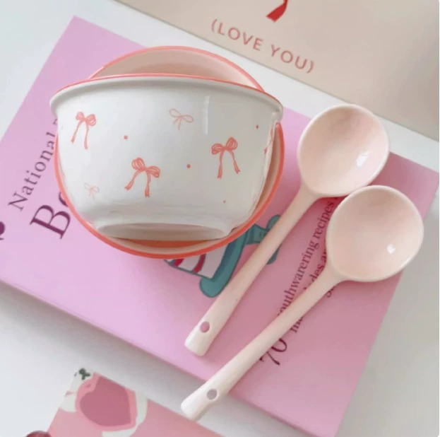 Tableware Set (Cute) with Bow Accent, Ceramic Dinnerware, Multiple Sizes 4.5–8.5 in