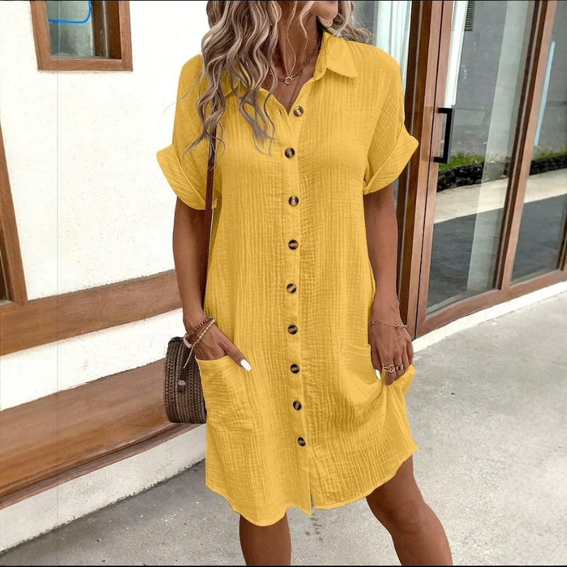 Amazon European and American Cross-Border Casual Solid Color Single-Breasted Mid-Length Short-Sleeved Loose Casual Dress for Women Amazon European and American Cross-Border Casual Solid Color Single-Breasted Mid-Length Short-Sleeved Loose Casual Dress for Women