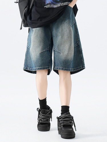 American-style designed pleated denim shorts for men, summer high-street, washed and distressed, five-pocket pants, plus-size straight-leg mid-rise pants