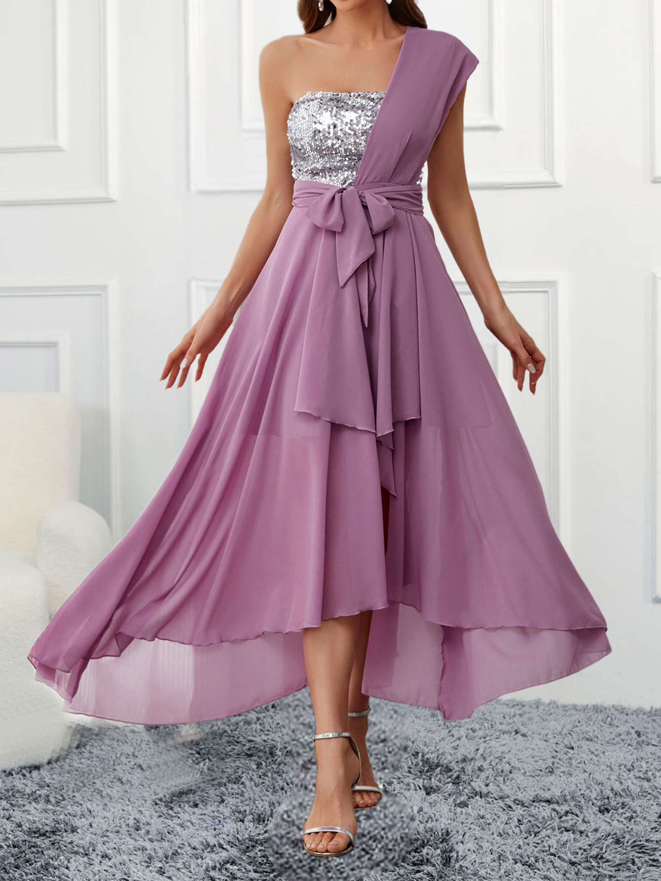 Primavera y verano europeo y americano Comercio exterior nuevo vestido Amazon envuelto pecho lentejuelas gasa gran swing vestido transfronterizo exclusivo