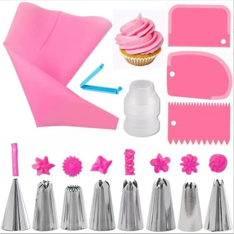 Cross Border Cake Cream Mounted Mouth 14 Piece Set Cake Baking Cream Decorative Utensil Sealing Clip Stainless Steel Mouth