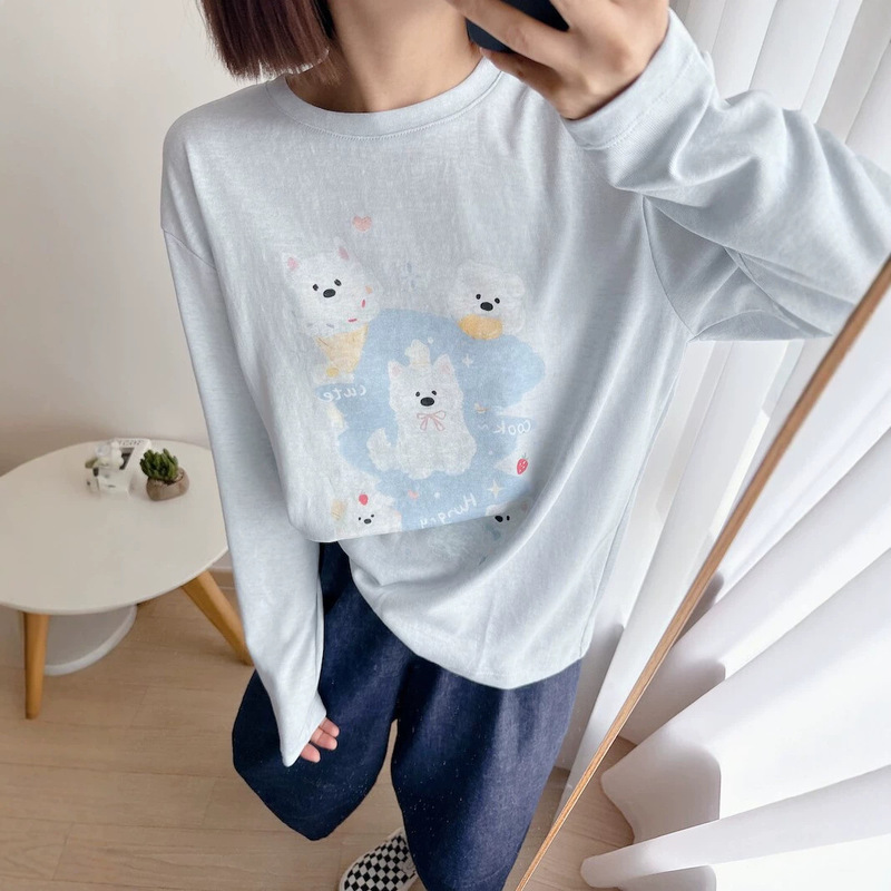 Korean-Style Youthful Cute Dog Print Long-Sleeve T-Shirt for Women, New Summer Loose Air-Conditioning Sun Protection Cover-Up Shirt Korean-Style Youthful Cute Dog Print Long-Sleeve T-Shirt for Women, New Summer Loose Air-Conditioning Sun Protection Cover-Up Shirt