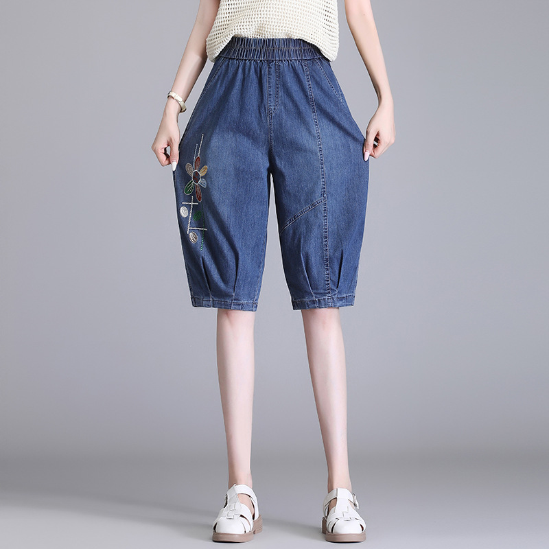 夏季牛仔短裤女2024新款休闲宽松显瘦灯笼裤中裤七分裤大码女裤潮