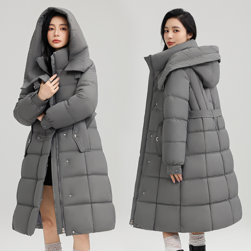 大码欧洲站2025新款时尚修身系带连帽羽绒棉服女长款加厚过膝大衣|undefined