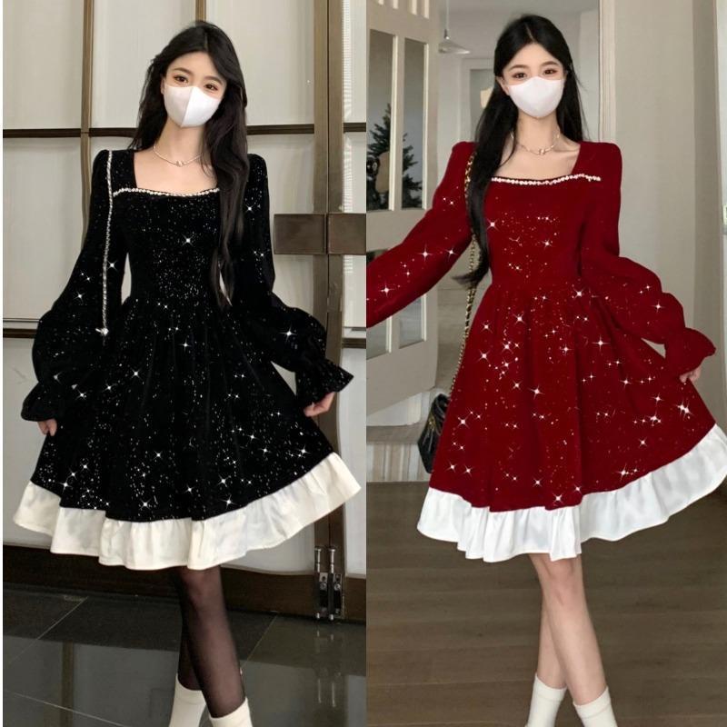 大码圣诞年会晚礼服长袖丝绒连衣裙女秋冬胖mm感中长款蓬蓬裙