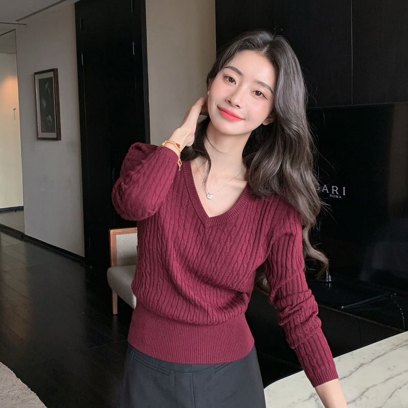 Women's 100% Pure Wool German Yangtze Yarn Knitted V-Neck Long Sleeve Slim Fit Base Sweater