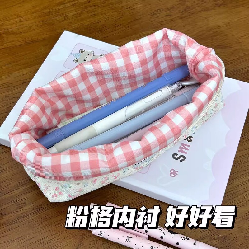 新しい弓レースピンク小花鉛筆バッグイン学生文具バッグ大容量ポータブル収納袋|undefined