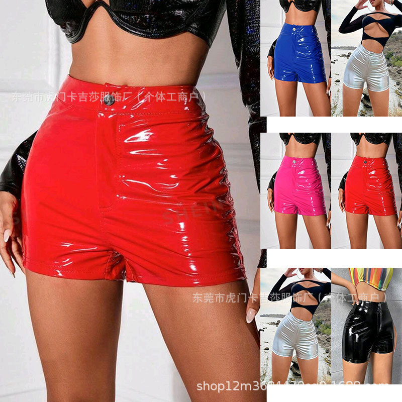 Cross-Border European and American Clothing Amazon Fashion Women's New Sexy Shiny Pu Leather Pants Button Shorts Pants