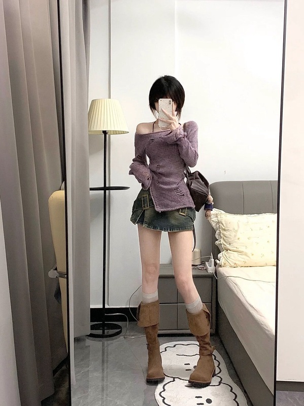镂空针织衫紫色上衣女2025早秋新款罩衫不规则一字肩内搭打底衫潮|undefined
