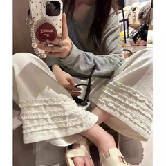 夏のリラックス感のある木耳レースリネンパンツ、女性の洋ナシ体型に最適、万能な伸縮性ハイウエストワイドレッグ9点カジュアルパンツ