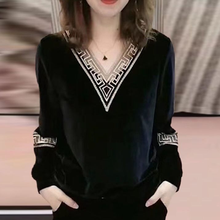 Velvet Lace Spliced Top Plus Size Women's Autumn and Winter New Loose Fit for Chubby Girls Versatile Slimming Shirt