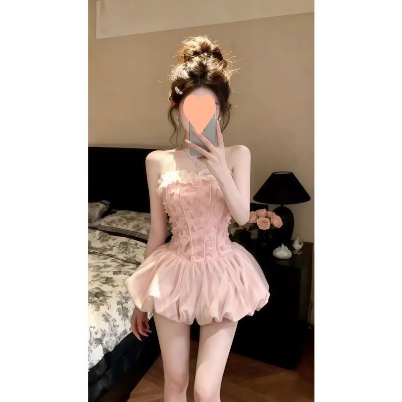 法式千金甜美抹胸连衣裙夏季新款漂亮精致小裙子收腰花苞蓬蓬短裙