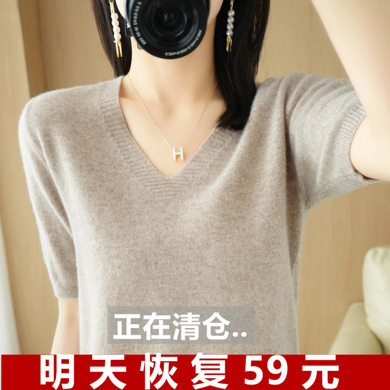 Spring and Autumn New Short Sleeve Women's V-Neck Half-Sleeve Summer Sweater Slim Thin Base Knit Top