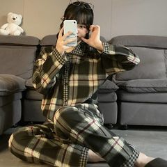 雲の綿のパジャマの女性の春秋の新型の復古は格子の長袖のズボンの韓国版のレジャーの部屋の服のスーツをつなぎます。