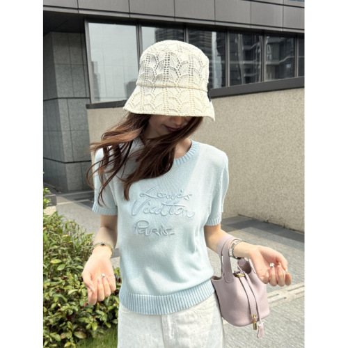 Summer new style letter embroidery knitted short-sleeved women's all-matching slimming top thin lyocell pullover sweater