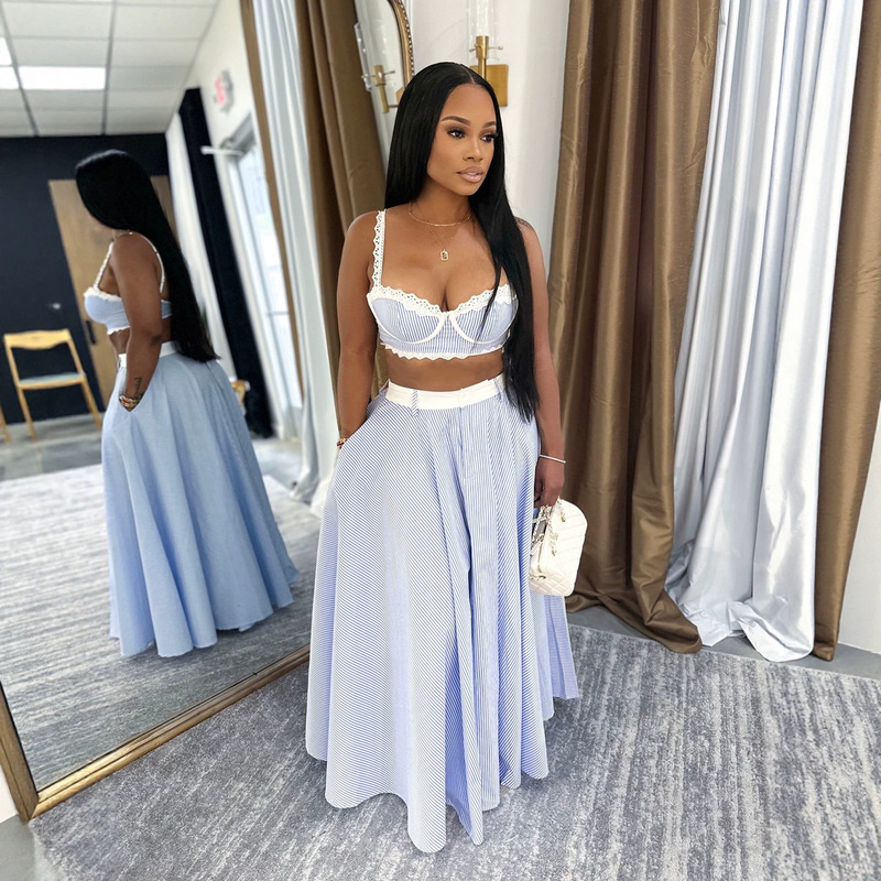 OL6184 Cross-border women's clothing: camisole with lace trim, high-waisted skirt, striped two-piece set, European and American cross-border